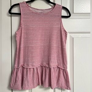 LOFT Pink and White Striped Ruffle Hem Top